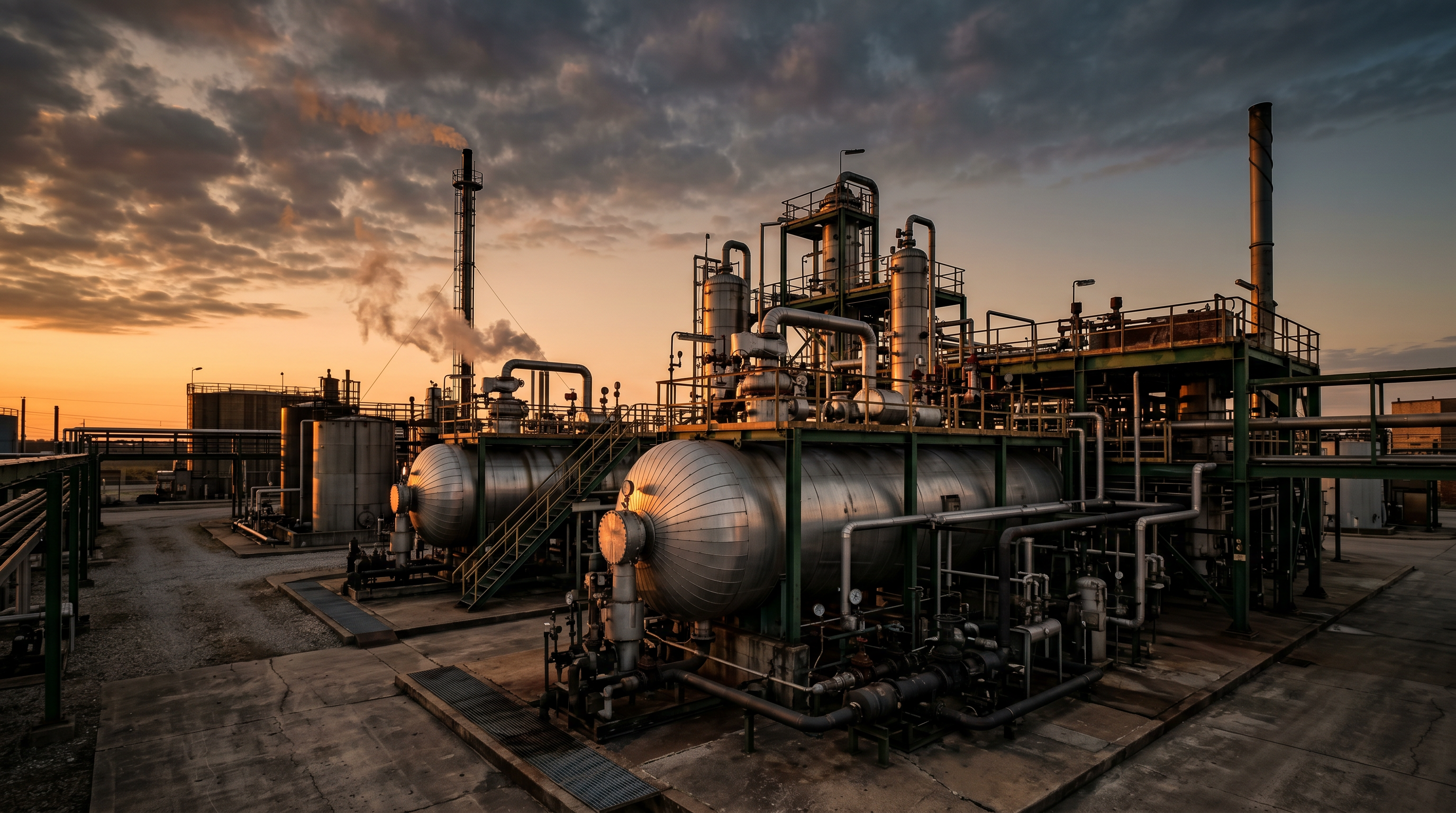 Plastic pyrolysis processing facility at golden hour