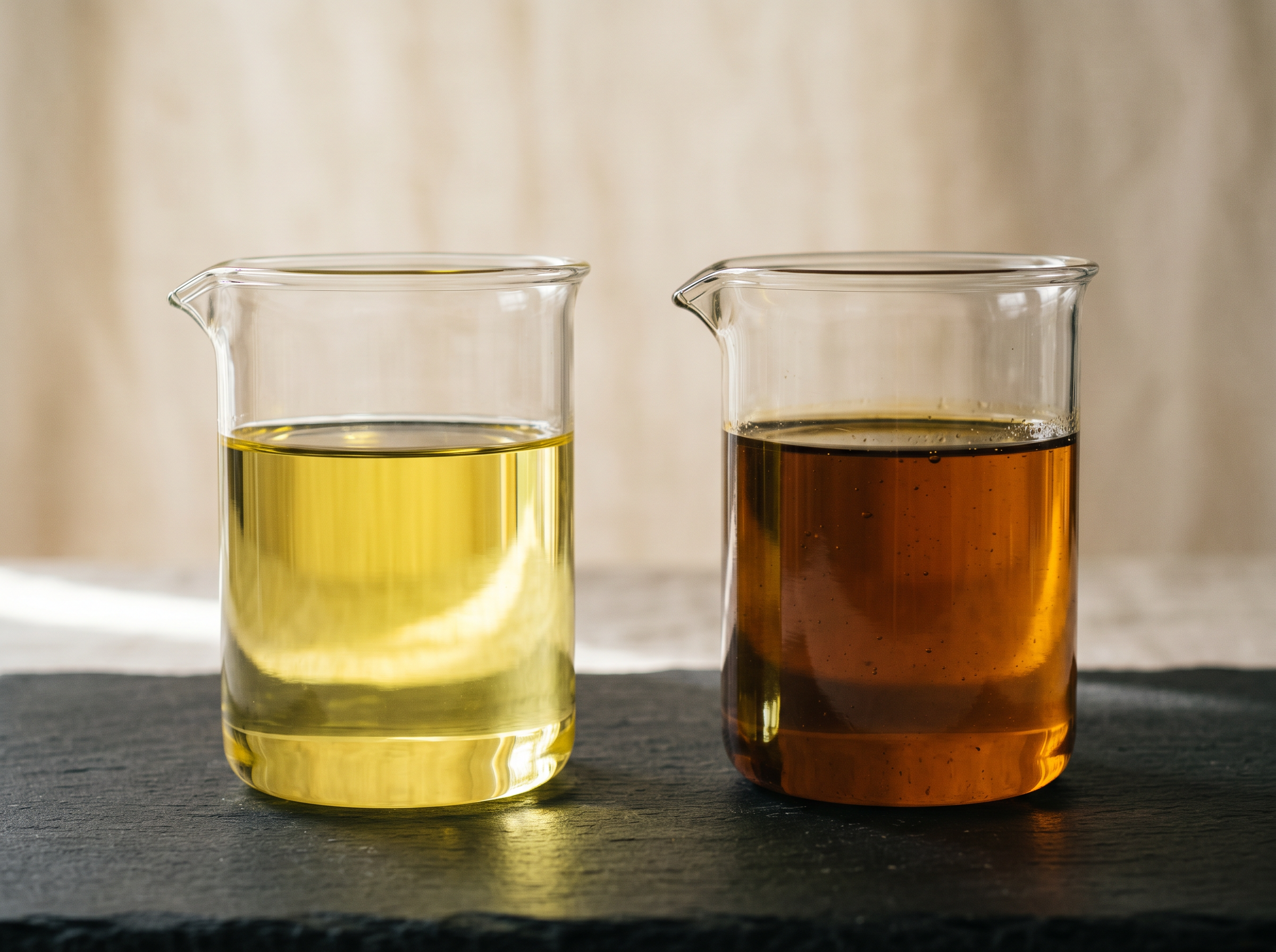 Distilled and crude plastic pyrolysis oil samples