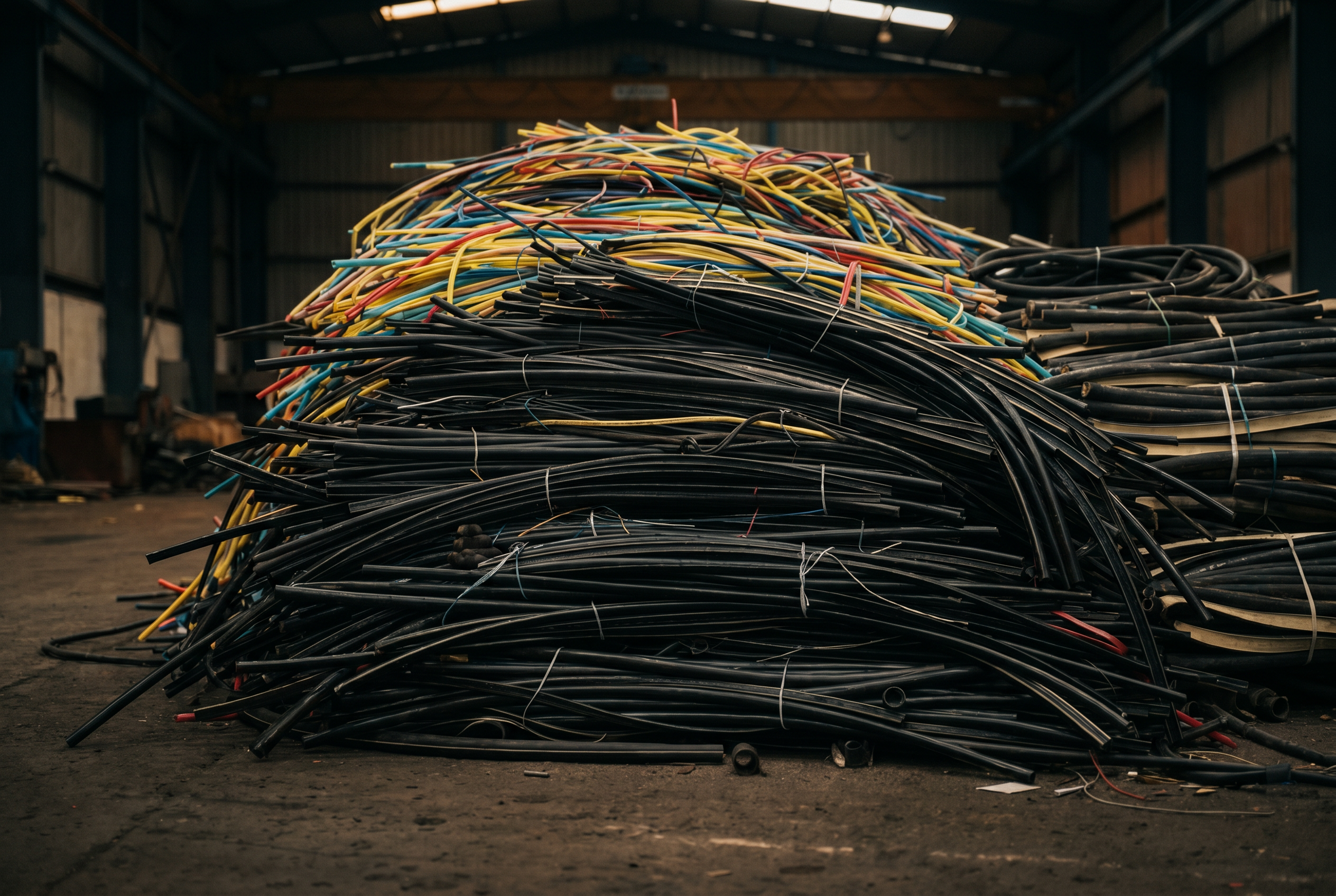 Raw XLPE cable scrap pile in warehouse